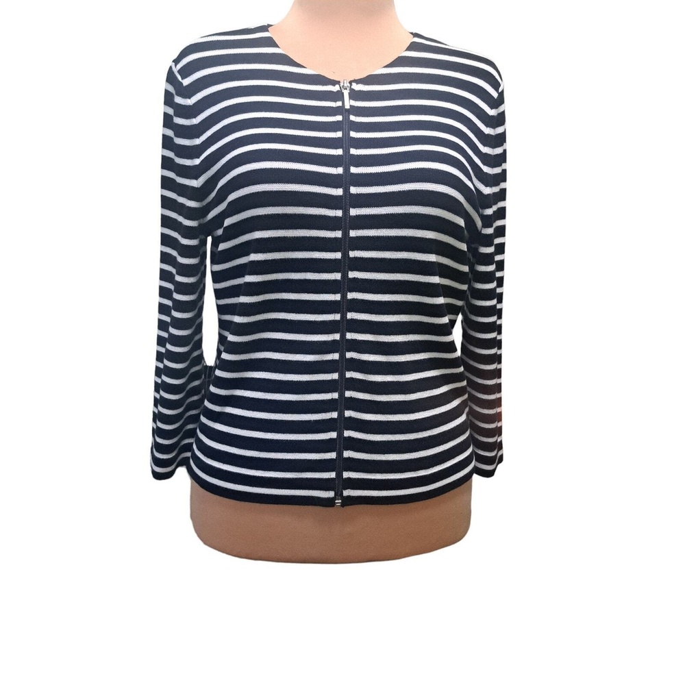 Chaps 100% Cotton Zip Up Striped Cardigan - Size L - Black/White - Picture 9 of 10